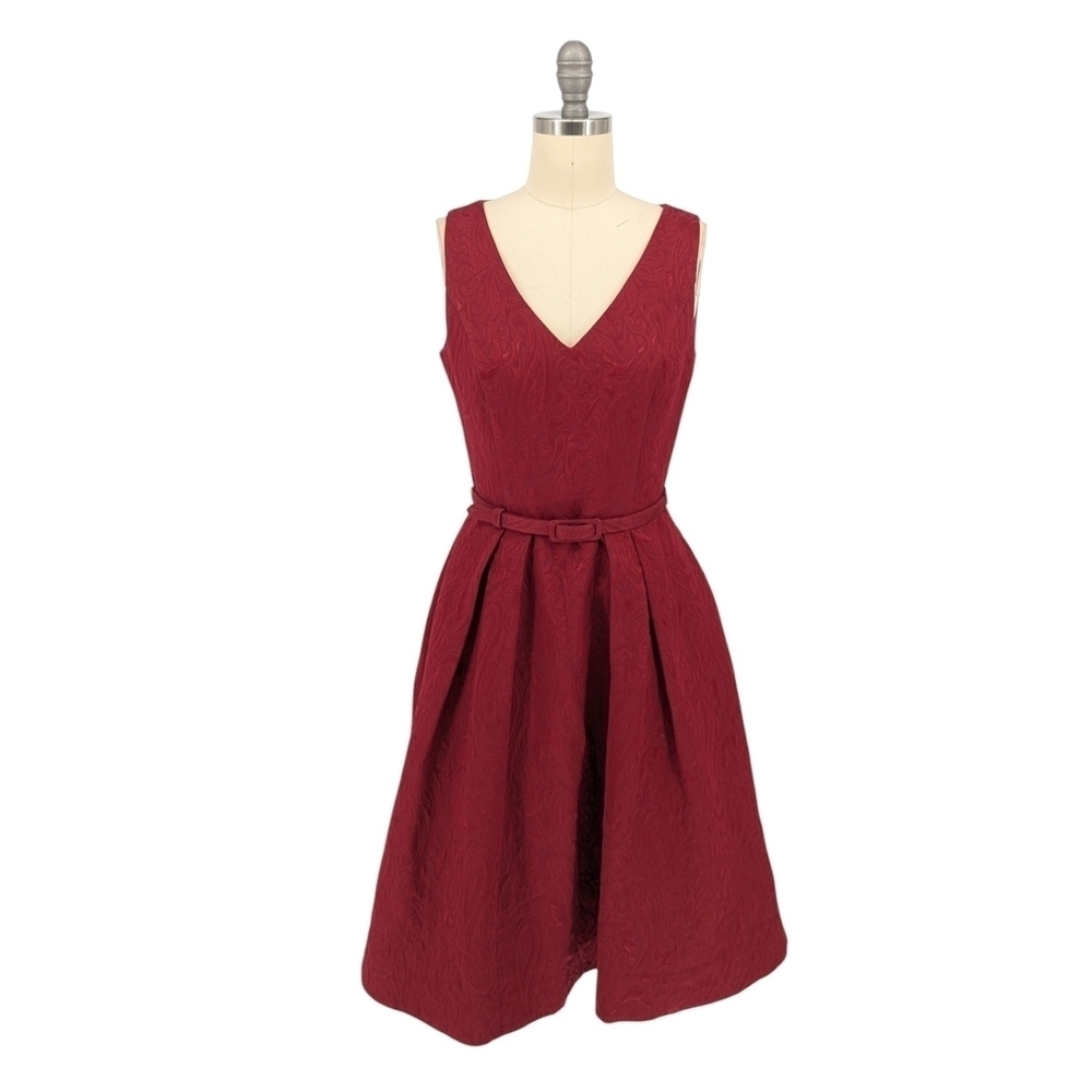 WHBM Floral Jacquard A Line Dress Red 0 preppy wedding cocktail classic belted